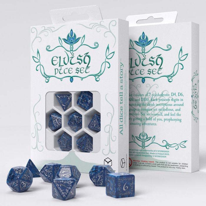 RPG Dice Set - Elvish Dice: Cobalt & Silver (7)