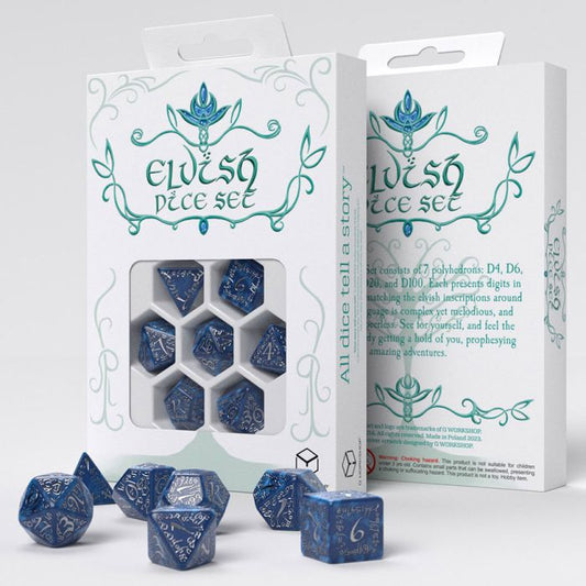 RPG Dice Set - Elvish Dice: Cobalt & Silver (7)