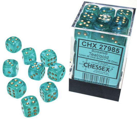 Borealis: 12mm D6 - Teal/gold Luminary (36)