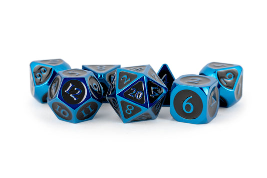 16mm Metal Poly Dice Set - Blue w/ Black Enamel