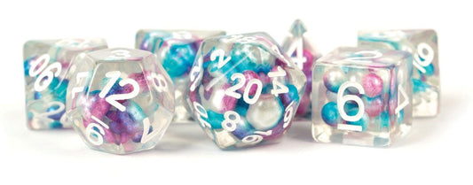 Pearl: 16mm Resin Poly Dice Set - Gradient Purple/Teal/White Numbers (7)